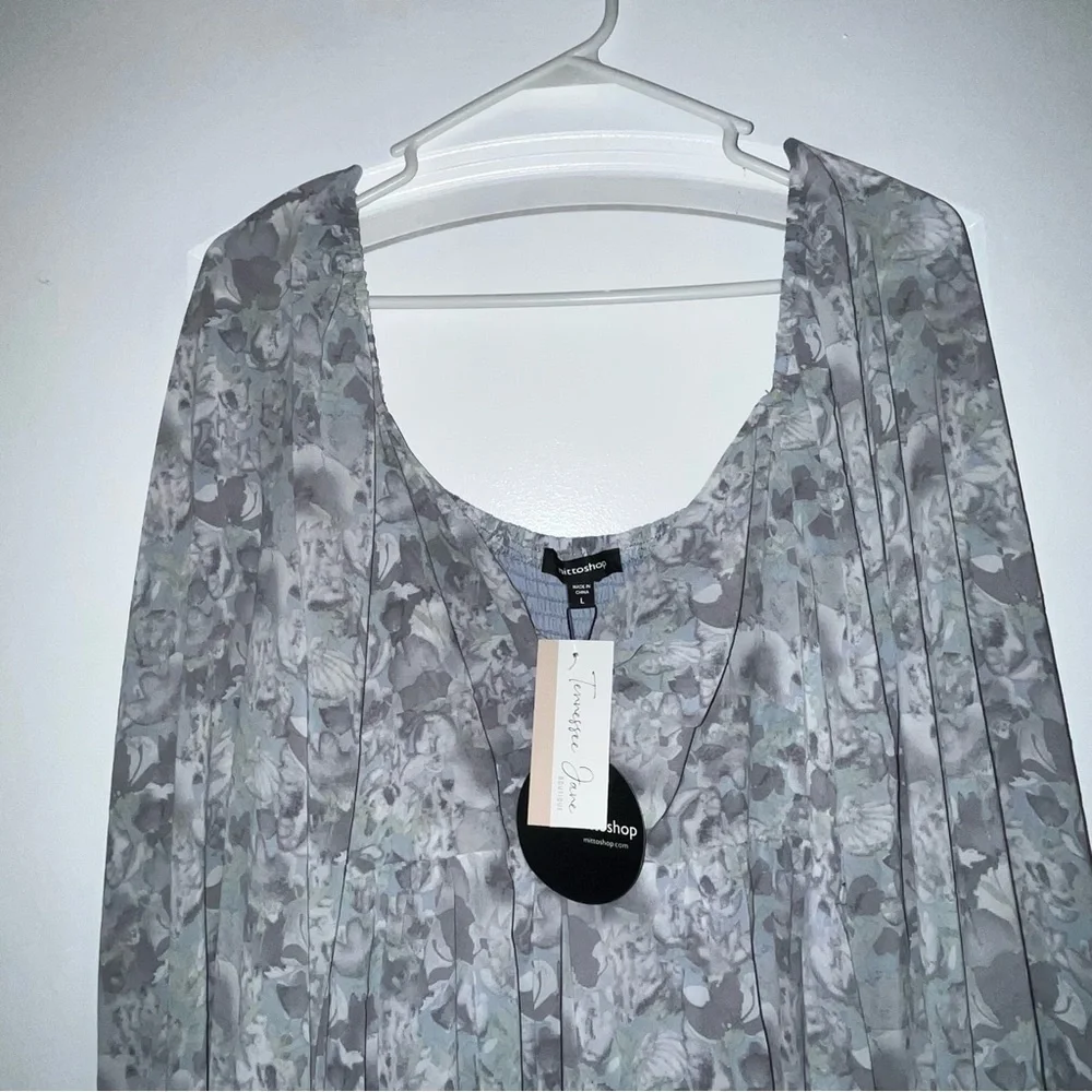 Mittoshop Dress Long Sleeve Light Blue Mini Florals Large Peasant Sleeves NWT - Picture 4 of 4